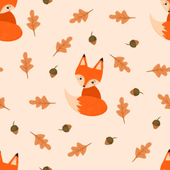 Cartoon fox with oak leaves and acorns autumn nature