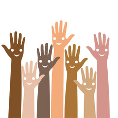 World Volunteer Day logo illustration.Hands up different peoples of the world on a white background