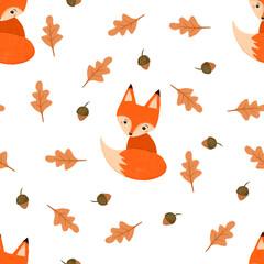 Fox with oak leaves and acorns autumn nature seamless pattern
