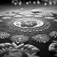 A close-up shot of a vibrant Rangoli design captured in classic black and white film style, with soft studio lighting and a serene morning time of day, Created with generative Ai Technology.