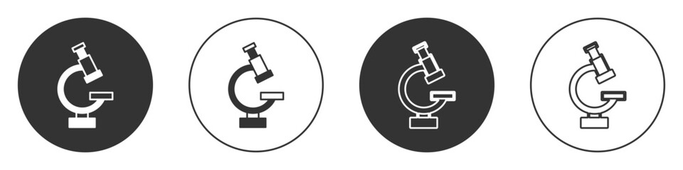 Black Microscope icon isolated on white background. Chemistry, pharmaceutical instrument, microbiology magnifying tool. Circle button. Vector
