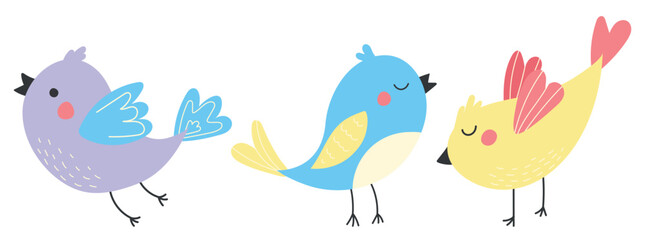 Set of bright cute colorful birds with spring flowers. Vector birds are drawn in a modern style. Illustrations for postcard, banner and poster templates. Birds isolated on white background