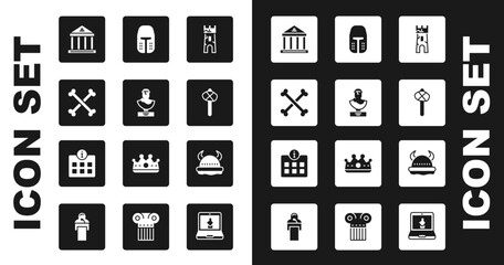 Set Castle tower, Ancient bust sculpture, Crossed human bones, Museum building, Stone age hammer, Medieval iron helmet, Viking horned and Information icon. Vector