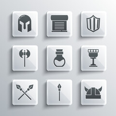 Set Medieval spear, Viking in horned helmet, goblet, Poison bottle, Crossed medieval spears, axe, iron and Shield icon. Vector