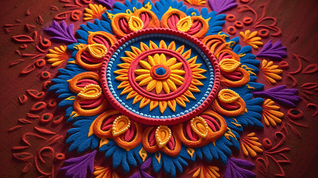 An overhead shot of a vibrant Rangoli design captured in beautiful traditional colors, with soft studio lighting and a serene morning time of day, Created with generative Ai Technology.
