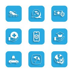 Set Insurance online, Umbrella, Shield with world globe, Education grant, Car insurance, Life, Money shield and Flood car icon. Vector