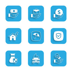 Fototapeta premium Set Umbrella, Burning car, Light bulb hand, Shield, Money bag with shield, House lightning, and icon. Vector