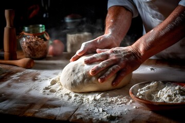 Fototapeta premium A chef kneads fresh dough before making a delicious pizza. Lots of flour dusting the table and hands. Generative AI.