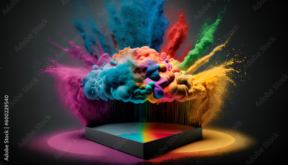 Wall mural product display podium with colorful powder paint explosion