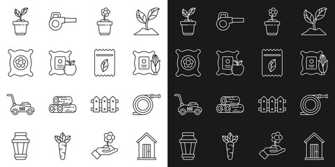 Set line Farm house, Garden hose or fire hose, Corn in the sack, Flower pot, Apple, Pack full of seeds of plant, Plant and icon. Vector