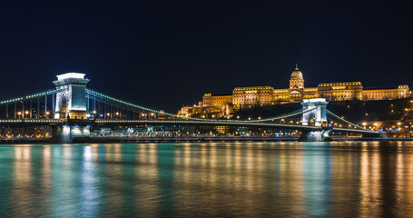 Fototapeta na wymiar Night view of Budapest, Hungary, Europe. Danube river and bridges