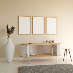 Set of 3 wood frames, living room television unit mock-up, frames for poster, realistic 3 d render