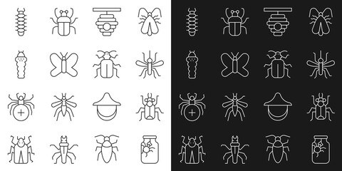 Set line Spider in jar, Beetle bug, Mosquito, Hive for bees, Butterfly, Larva insect, Centipede and Chafer beetle icon. Vector