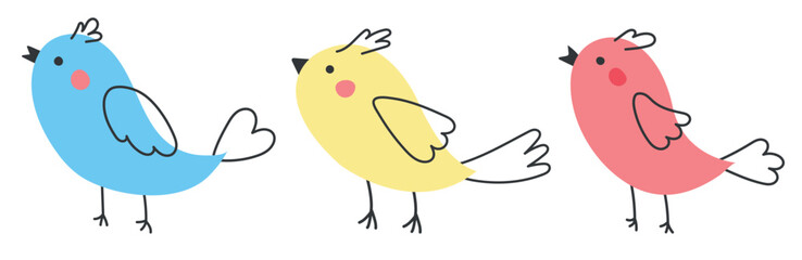 Set of bright cute colorful birds with spring flowers. Vector birds are drawn in a modern style. Illustrations for postcard, banner and poster templates. Birds isolated on white background