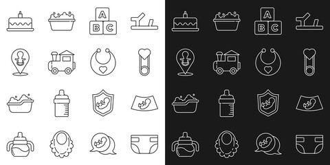Set line Baby absorbent diaper, Ultrasound of baby, clothes pin, ABC blocks, Toy train, dummy pacifier, Cake with burning candles and bib icon. Vector