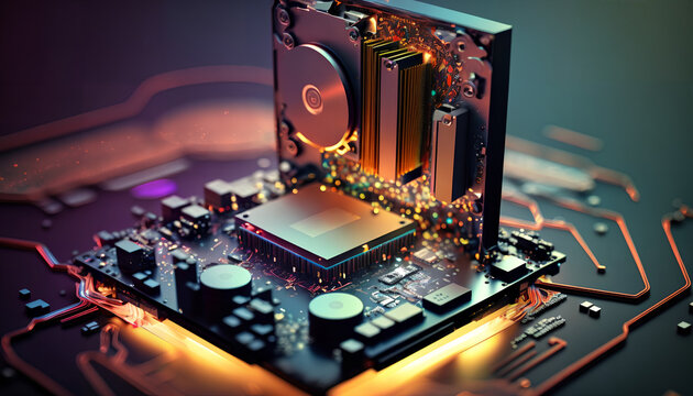 The abstract image of inside of hard disk drive on the technician's desk and a computer motherboard as a component. the concept of data