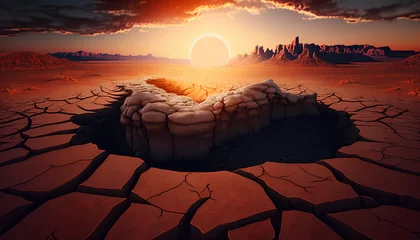 Abwaschbare Fototapete dramatic sunset over cracked earth. Desert landscape background. © Oleksandr