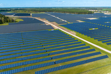 Aerial shot top view of solar panel photovoltaic farm in Poland