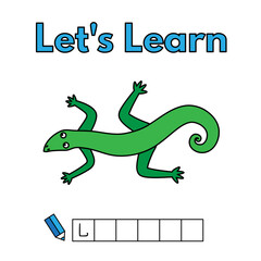 Cartoon lizard learning game for small children - write the word. Vector illustration for kids