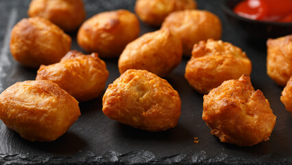 Battered chicken balls with tomato ketchup, party finger food concept
