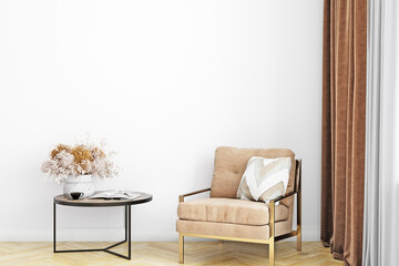 modern living room white wall  and brown armchair