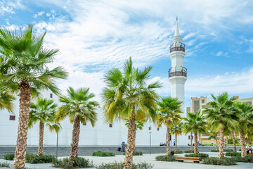 White Jaffali mosque with palms in foreground, Jeddah, Saudi Arabia