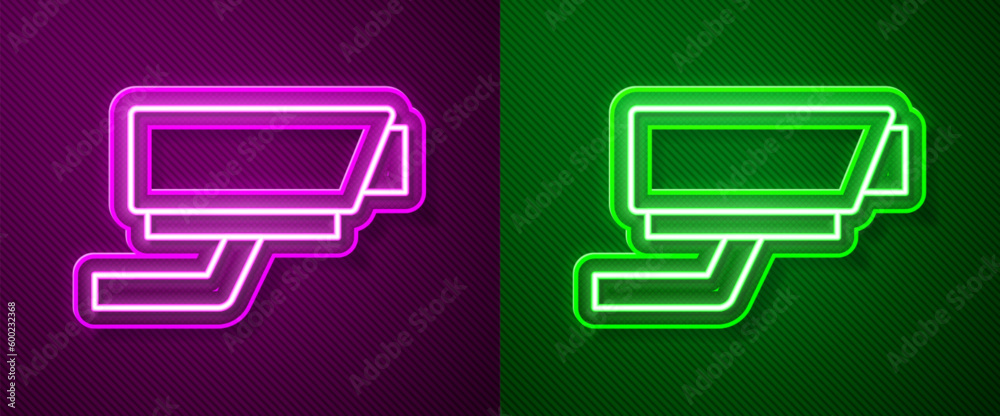 Sticker Glowing neon line Security camera icon isolated on purple and green background. Vector