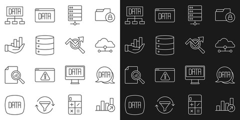 Set line Financial growth, Data analysis, Network cloud connection, Server, Pie chart infographic, and Search data icon. Vector