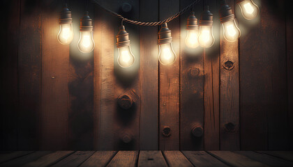 dark wooden background illuminated by retro light bulbs, with copy space