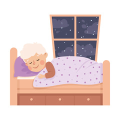 Little Boy Sleeping in His Bed Under Blanket Having Night Rest Vector Illustration