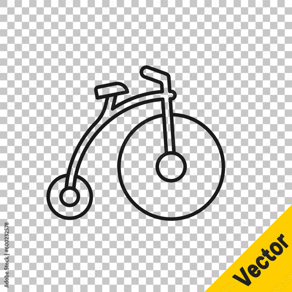 Canvas Prints black line vintage bicycle with one big wheel and one small icon isolated on transparent background.