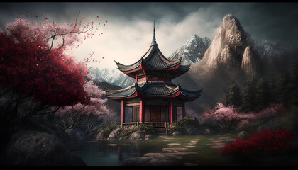 Asian style pavilion made of wood in the enchanted garden where cloud met mountain peak and red flower blossom - obrazy, fototapety, plakaty