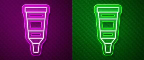 Glowing neon line Tube with paint palette icon isolated on purple and green background. Vector