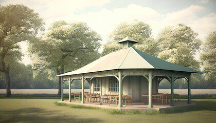 the pavilion is ready for a day of picnics