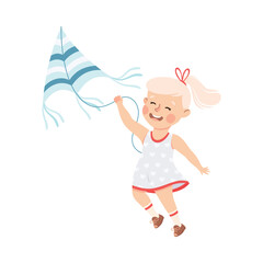 Cute little girl playing kite. Happy kid having fun outdoors in autumn cartoon vector illustration