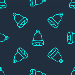 Green line Church bell icon isolated seamless pattern on blue background. Alarm symbol, service bell, handbell sign, notification symbol. Vector