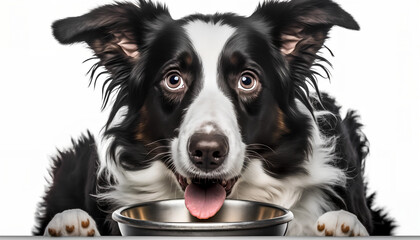 dog holds a bowl for food in his teeth. healthy food for pets. Border Collie on a white background