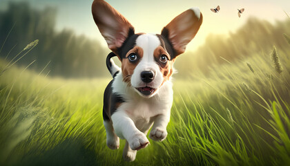 Dog running on the grass on a green background
