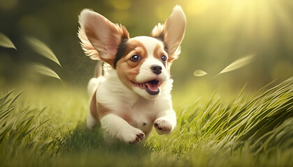 Dog running on the grass on a green background
