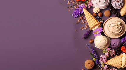 Obraz na płótnie Canvas background with ice cream and flowers frame. Generative AI