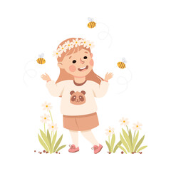 Adorable little girl in wreath of flowers having fun on green meadow. Happy kid playing outdoors cartoon vector illustration