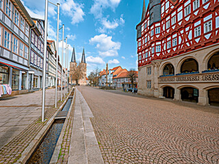 Shopping street in Duderstadt with town hall and basilica St. Cyriakus