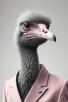 humanized black and white ostrich wearing a elegant pink suit white background, Generative AI
