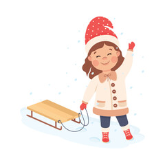 Cute girl walking with sleigh in winter. Happy kid playing outdoors cartoon vector illustration