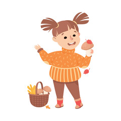 Cute little girl picking up mushrooms. Happy kid playing outdoors cartoon vector illustration