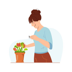 Girl taking care of carnivorous plant growing in pot. Young cute woman cultivating potted plants, feeding the plant with insects. Female character enjoying her hobby. Flat cartoon vector illustration