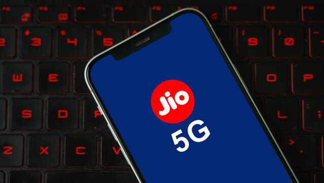 Jio 5G displayed on a mobile phone screen, also known as Reliance Jio Infocomm Limited: Kolkata, India - May 08 2023