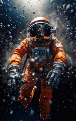 Fototapeta premium Astronaut suspended in a cosmic dance, surrounded by shimmering droplets, capturing the serenity of space.
