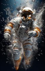 Ethereal portrayal of a space explorer amidst floating water orbs, evoking the silent beauty of the cosmos.