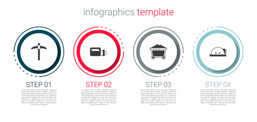 Set Pickaxe, Flashlight, Mine coal trolley and Miner helmet. Business infographic template. Vector